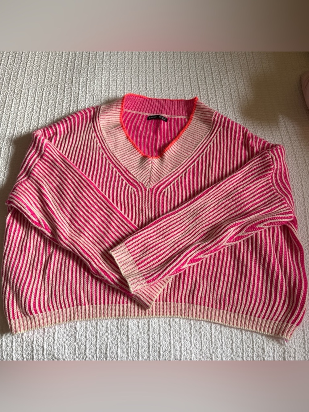 SHEIN Pink & Cream Striped V-Neck Sweater with Neon Trim